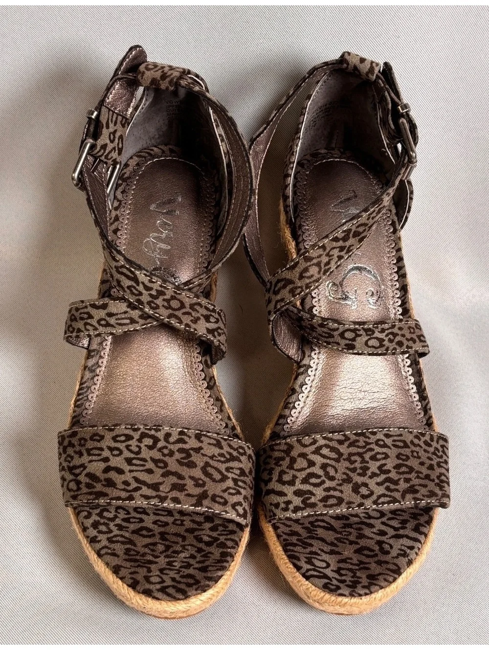 Very G Gray Leopard Print Wedge Sandals with Jute Wrapped Heel